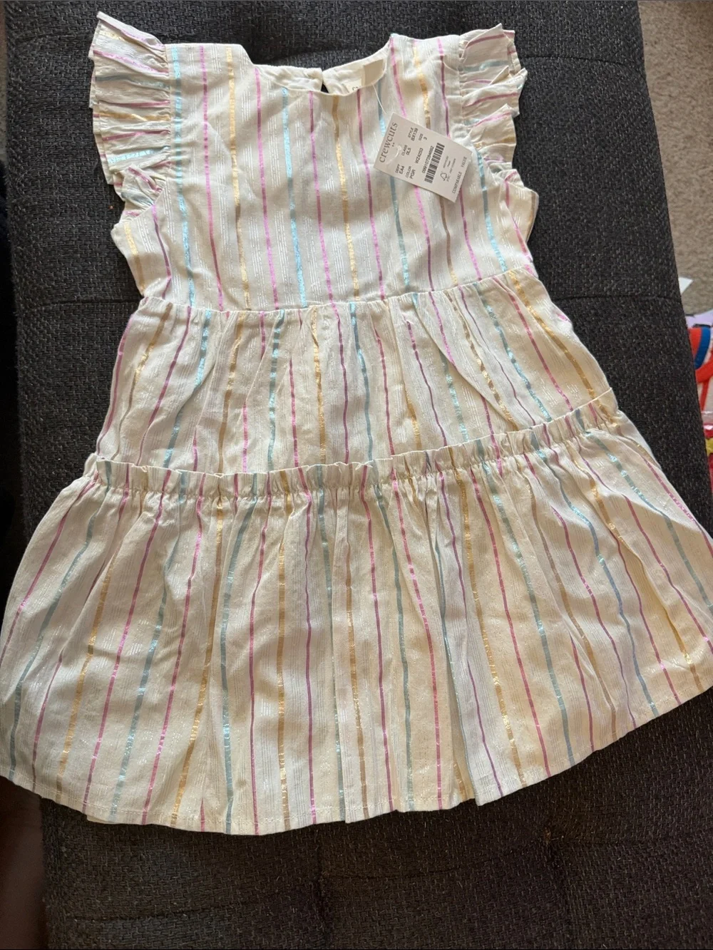 J. Crew Cream Dress with Pastel Stripe Ruffles